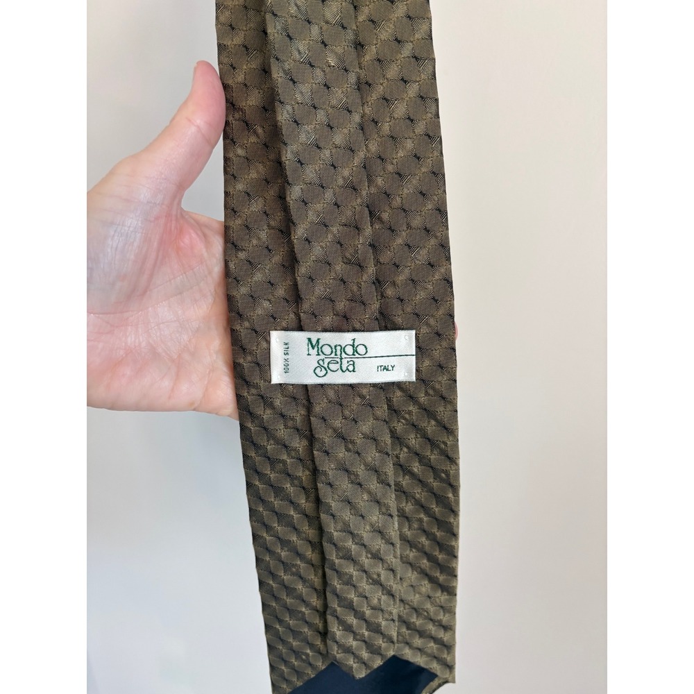 Mondo Seta VTG Italy‎ Mens Silk Tie Olive Green Textured Woven Geometric Necktie